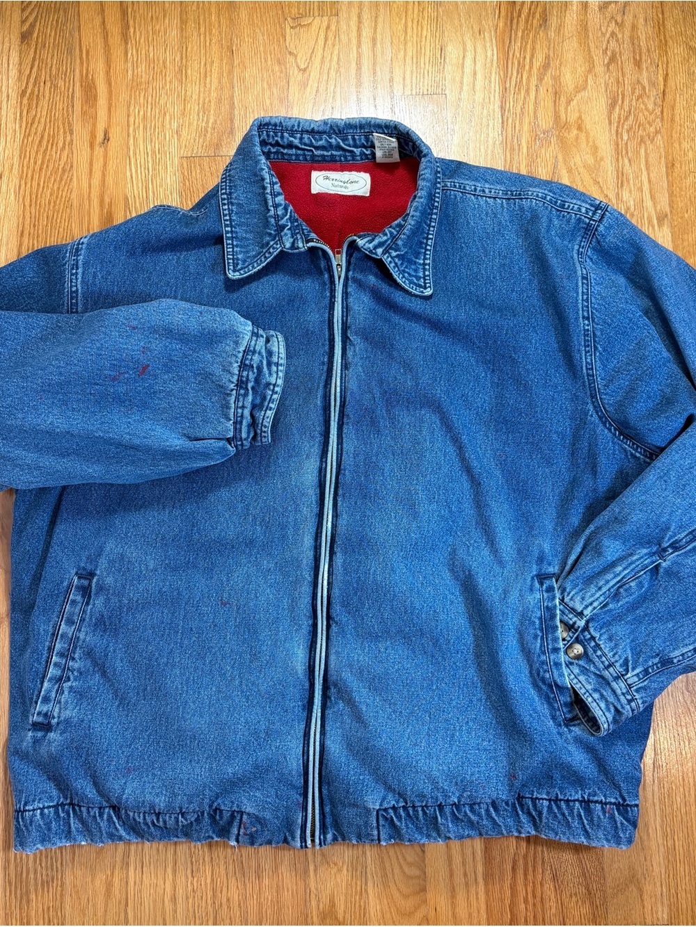 Vtg Distressed Elastic Waist Trucker Denim Jean Jacket Red Fleece Lined -Large